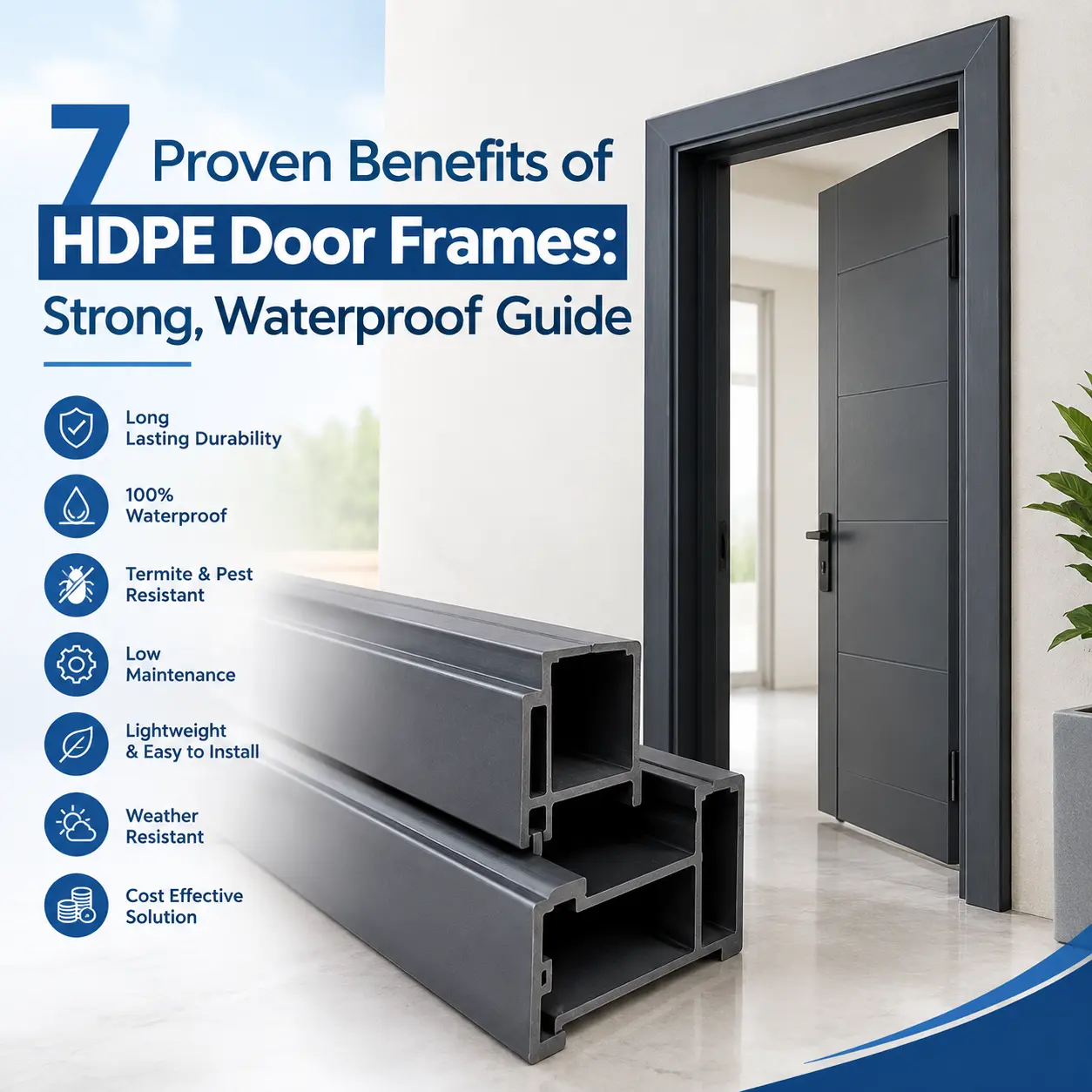 HDPE door frames showing strong, waterproof, durable, and low-maintenance benefits