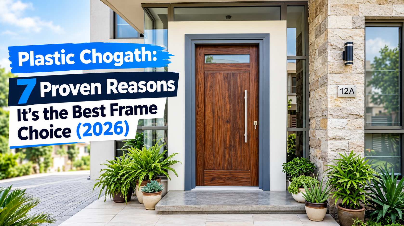 Plastic Chogath frame around a modern wooden entrance door in a contemporary home exterior